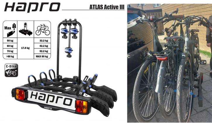 HAPRO FIETSDRAGER ATLAS ACTIVE 3, Auto diversen, Fietsendragers, Zo goed als nieuw, Trekhaakdrager, 3 fietsen of meer, Elektrische fiets
