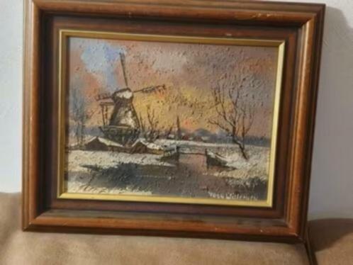 Olieverf hollands winterlandschap molen Toon Willemsen., Antiek en Kunst, Kunst | Schilderijen | Klassiek, Ophalen