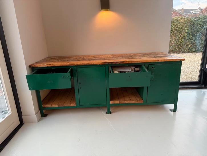 Industriële stalen werkbank met houten blad, Doe-het-zelf en Verbouw, Werkbanken, Gebruikt, 170 cm of meer, Ophalen