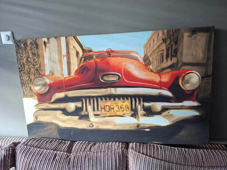 Schilderij: Rode Oldtimer in Cuba - 70x120 cm, Antiek en Kunst, Kunst | Schilderijen | Klassiek, Ophalen of Verzenden