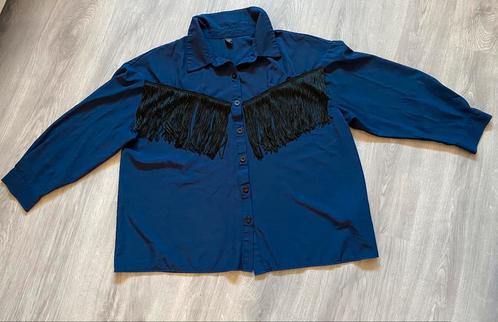 Donkerblauwe blouse met zwarte franjes, Kleding | Dames, Blouses en Tunieken, Zo goed als nieuw, Maat 46/48 (XL) of groter, Blauw