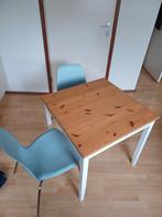 Houten IKEA Lerhamn tafel met twee blauwe stoelen, 50 tot 100 cm, Rechthoekig, Zo goed als nieuw, Ophalen