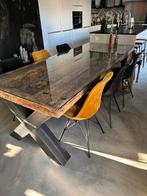 Vintage oude werkbank met bankschroef als eettafel, Ophalen, Gebruikt, 100 tot 150 cm, 200 cm of meer