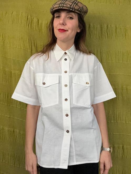 Vintage blouse / overhemd - wit - linnen katoen 40/42, Kleding | Dames, Blouses en Tunieken, Gedragen, Wit, Ophalen of Verzenden