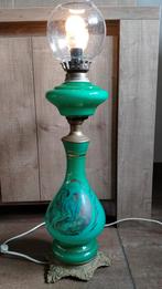 Vintage Opaline glazen lamp koperen voet groen goud, Ophalen of Verzenden