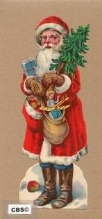 Kerstman met cadeautjes & appels antiek poezieplaatje, Verzamelen, Poesieplaatjes, Ophalen of Verzenden