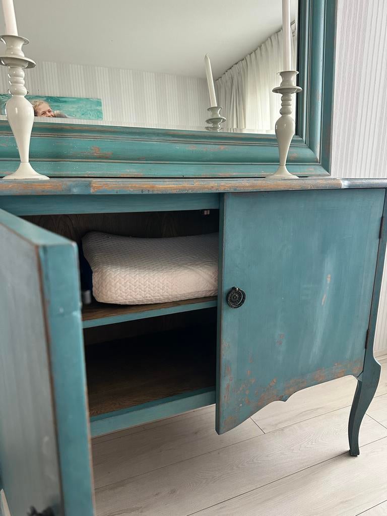 Unieke India Kast / Dressoir met Spiegel - Authentiek & Vint, Ophalen, Gebruikt, 100 tot 150 cm, 25 tot 50 cm