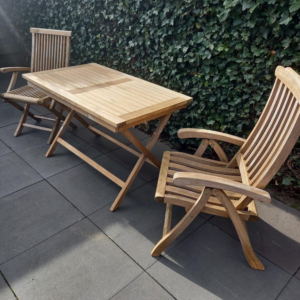 Teakhouten tuinset: inklapbare tafel met 2 stoelen, Gebruikt, Hardhout, Tuinset, Ophalen
