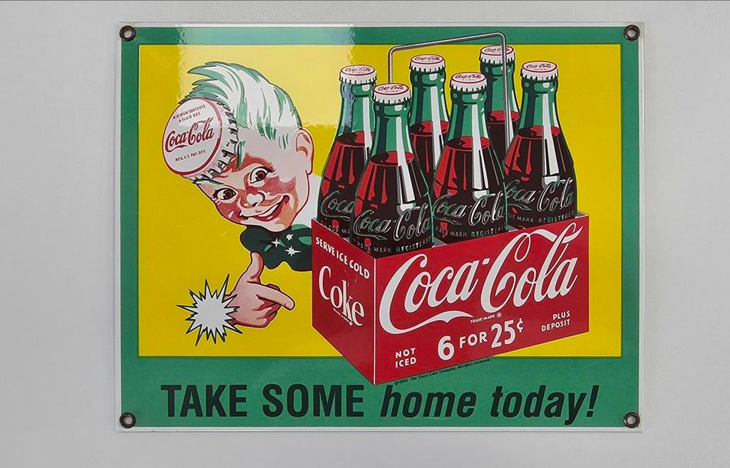 Vintage, origineel, emaille Coca-Cola reclamebord / USA, Verzamelen, Ophalen of Verzenden, Nieuw, Reclamebord