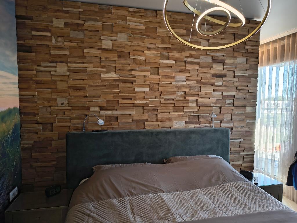 Te koop: 7,65 m2 nieuwe teakhouten wandpanelen, Ophalen, Hout, Nieuw, Bruin