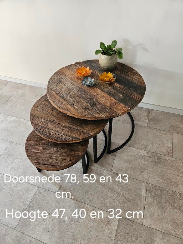 Salontafel set 3x - Robuust oud hout industrieel landelijk, Huis en Inrichting, Tafels | Salontafels, Gebruikt, 50 tot 100 cm