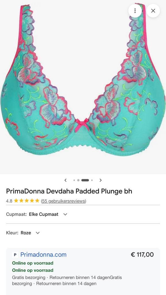 Primadonna twist plunge  BH met bloemenborduursel - EU 80D, Ophalen of Verzenden, Overige kleuren, BH