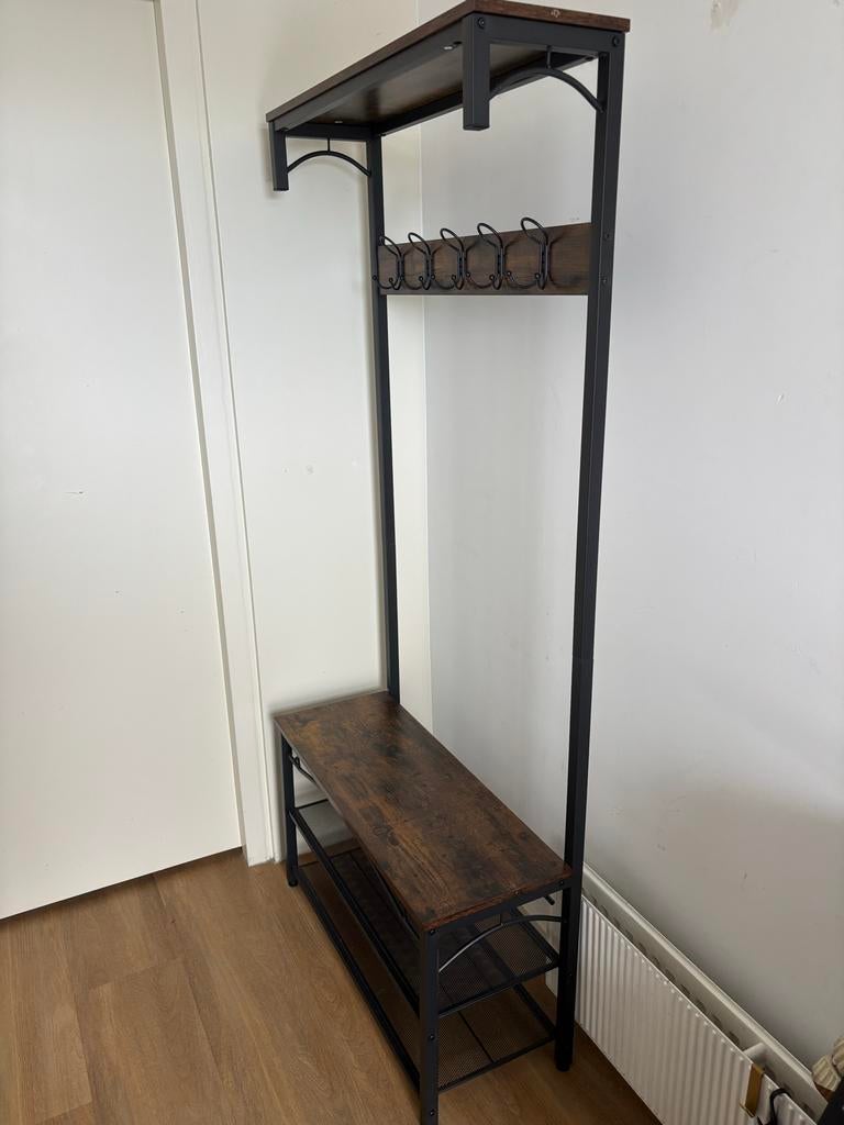 Industriële kapstok met schoenenbank en opbergplank, Huis en Inrichting, Ophalen of Verzenden, Zo goed als nieuw, Metaal, Staande kapstok