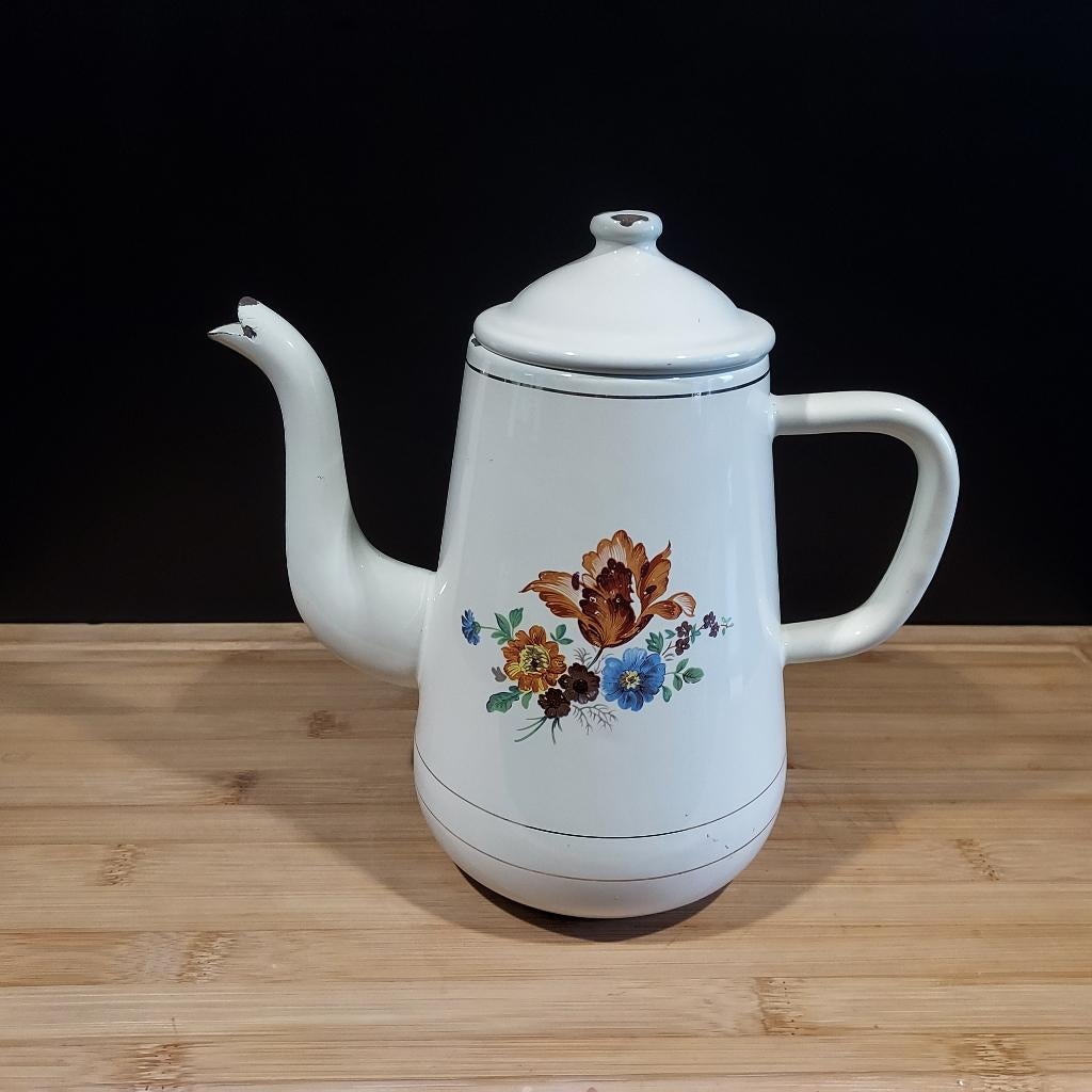 Emaille koffiepot theepot wit met bloemen, Ophalen of Verzenden