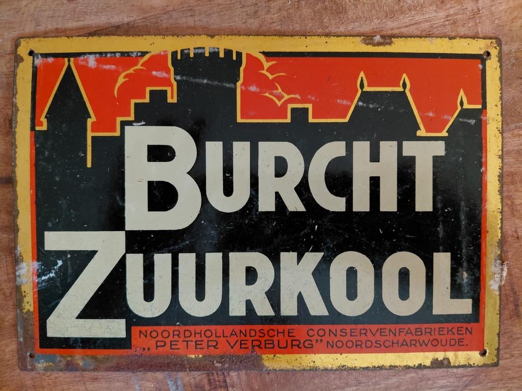 Origineel reclamebord Burcht Zuurkool - Metaal 22x15cm, Verzamelen, Ophalen of Verzenden, Gebruikt, Reclamebord