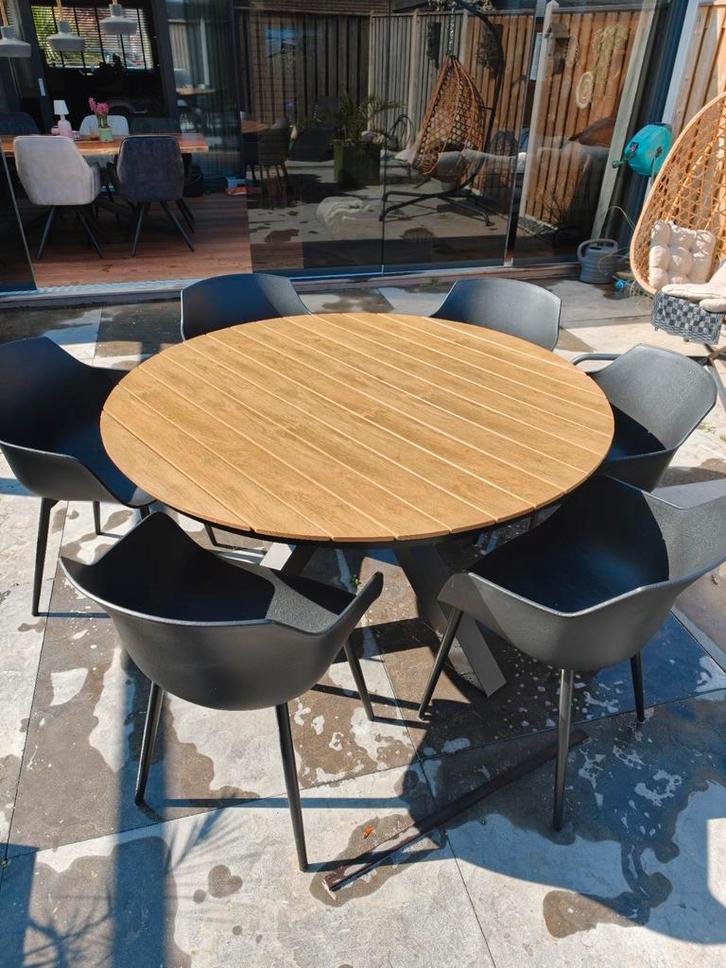 Moderne tuinset met ronde houten tafel en 6 stoelen, Tuin en Terras, Tuinsets en Loungesets, Gebruikt, Tuinset, Hout, 6 zitplaatsen