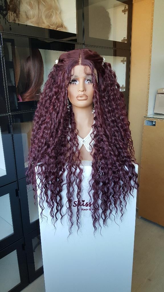 Basic Lace Pruik: Bordeaux rood gemêleerd, diepe krul- VOL!, Ophalen of Verzenden, Nieuw, Pruik of Haarverlenging