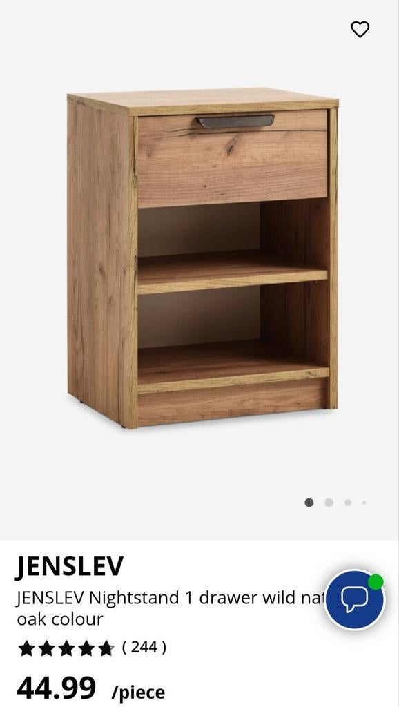 2 Nieuwe JYSK Eikenhouten Nachtkastjes met Lade, Ophalen, Minder dan 45 cm, Nieuw, 55 tot 70 cm