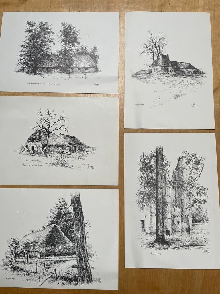 Te koop 5 etsen Kees Koster, Antiek en Kunst, Kunst | Tekeningen en Foto's, Ophalen of Verzenden