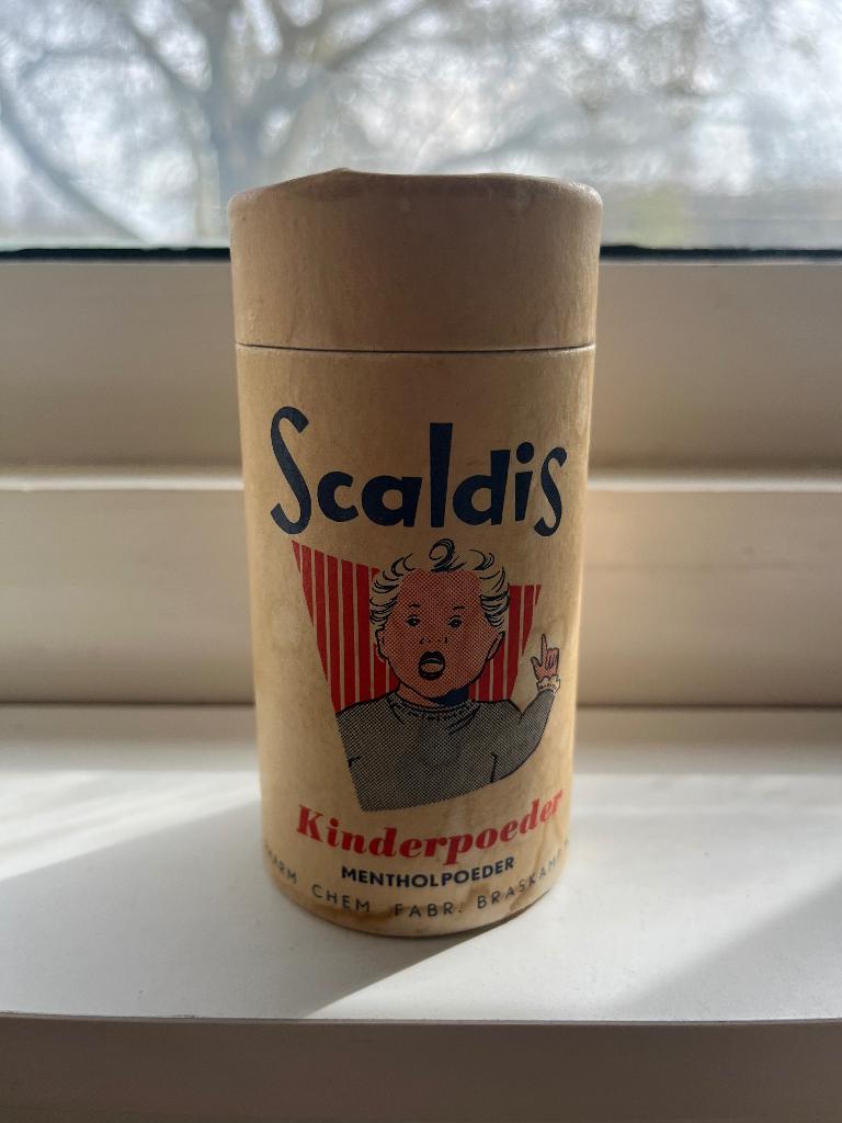 Vintage Scaldis kinderpoeder busje, Ophalen of Verzenden, Gebruikt, Verpakking