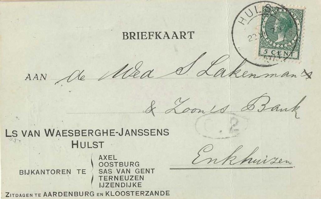 Enkhuizen-198  Hulst-Axel-Oostburg-IJzendijke-Terneuzen, Verzenden, 1920 tot 1940, Gelopen, Zeeland