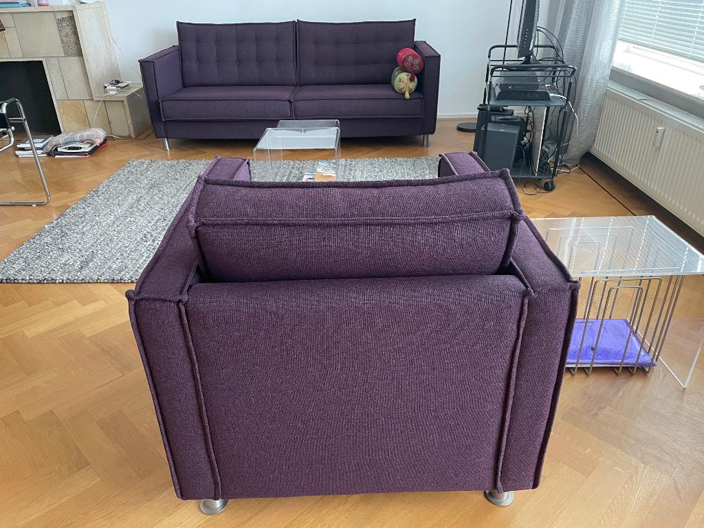 Aubergine bank met fauteuil, Ophalen, 125 cm of meer, 75 tot 100 cm, Zo goed als nieuw