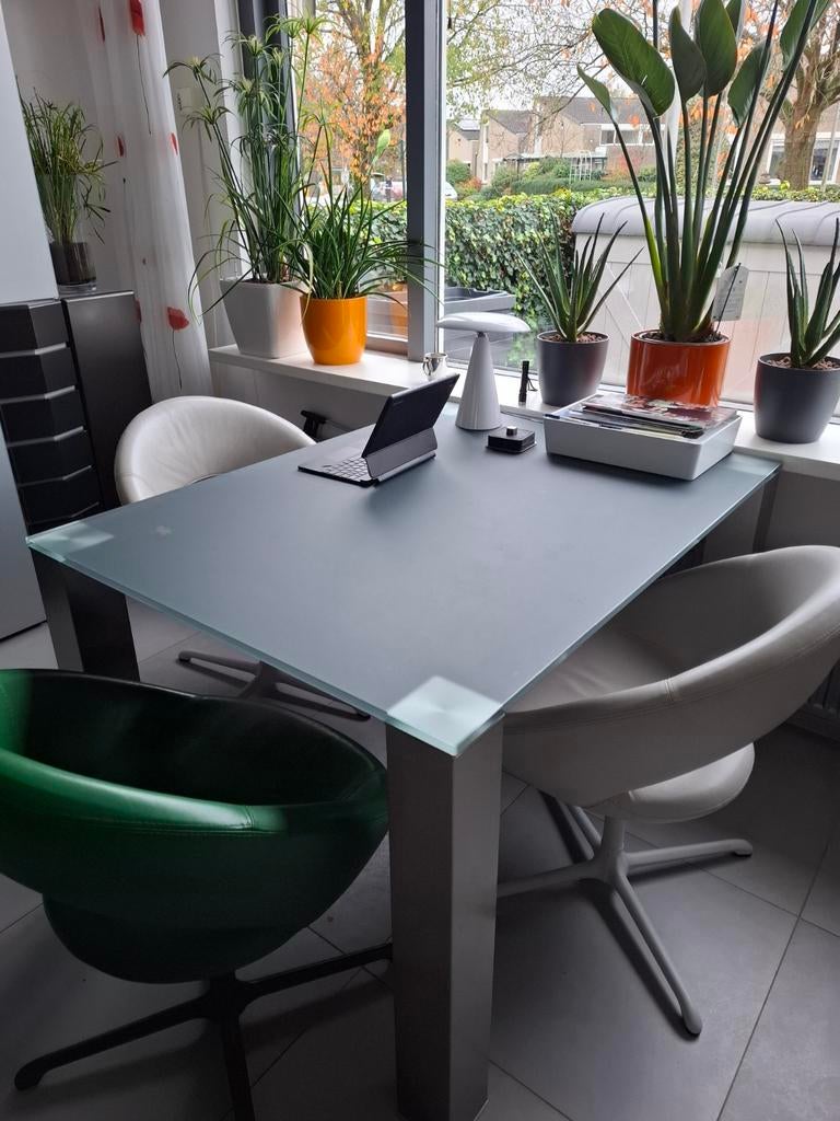 Tafel gehard glas, RVS onderstel, Huis en Inrichting, Tafels | Eettafels, Ophalen, Rechthoekig, Glas, 50 tot 100 cm