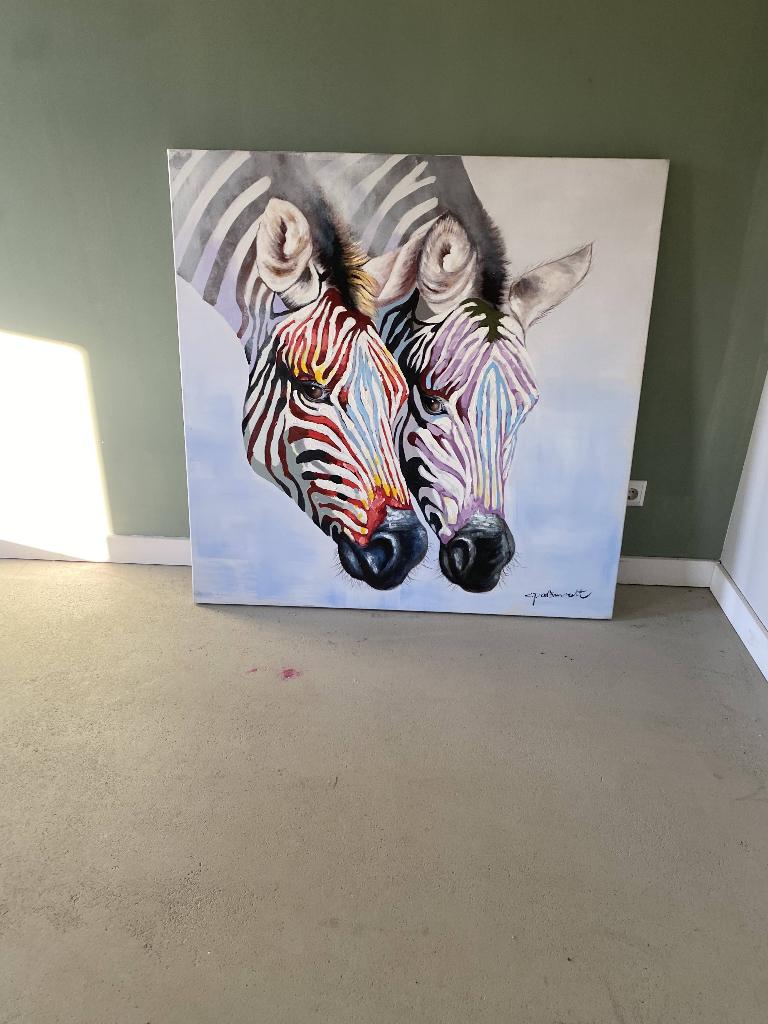 Handgeschilderd Olieverf schilderij 120 x 120 cm 'Zebra's', Ophalen