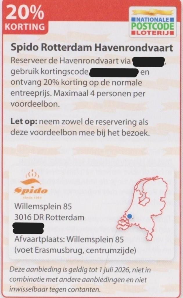 Spido Rotterdam. Havenrondvaart. 20% korting. Postcode bon., Tickets en Kaartjes, Kortingen en Cadeaubonnen, Drie personen of meer