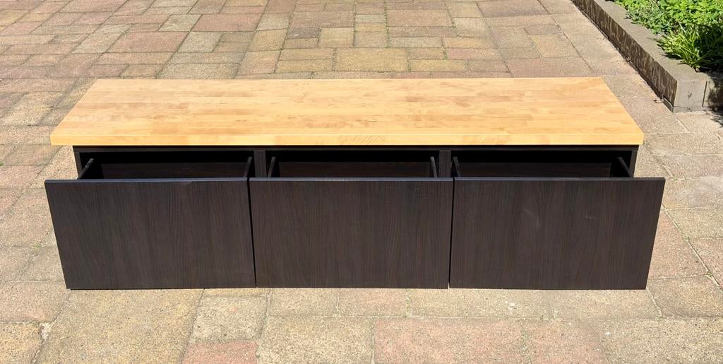 IKEA BESTÅ zitbank met lades en houten blad 186 cm, Huis en Inrichting, Banken | Voetenbanken en Poefen, Ophalen, 125 cm of meer