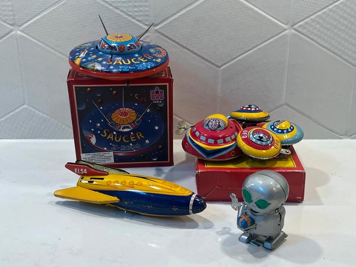 Blikken speelgoed UFO Ruimteschepen Raket Windup Retro Space, Verzamelen, Speelgoed, Gebruikt, Verzenden