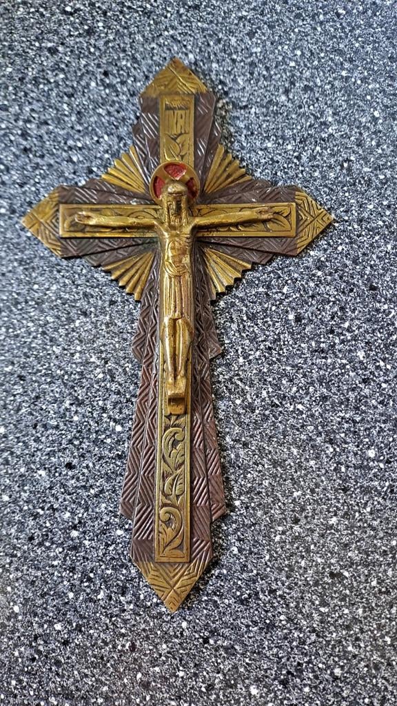 Antiek bronzen crucifix met gedetailleerde versieringen, Ophalen of Verzenden