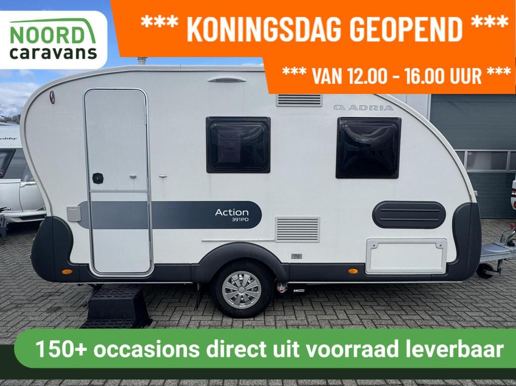 Adria ACTION 391PD,- KONINGSDAG GEOPEND 12-16 UUR, Caravans en Kamperen, Caravans, Tot en met 2, Bedrijf, Adria, 6 tot 7 meter