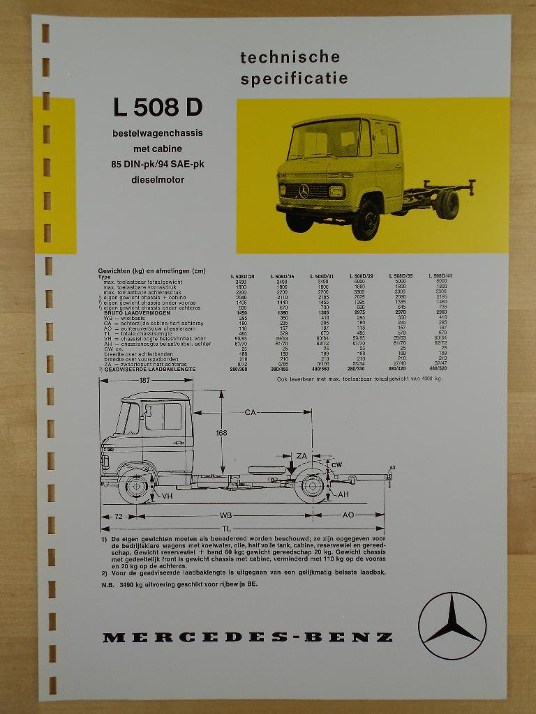 Mercedes 508 D Technische Specificatie Brochure 1973 CC 508D, Zo goed als nieuw, Mercedes-Benz, Mercedes, Ophalen of Verzenden