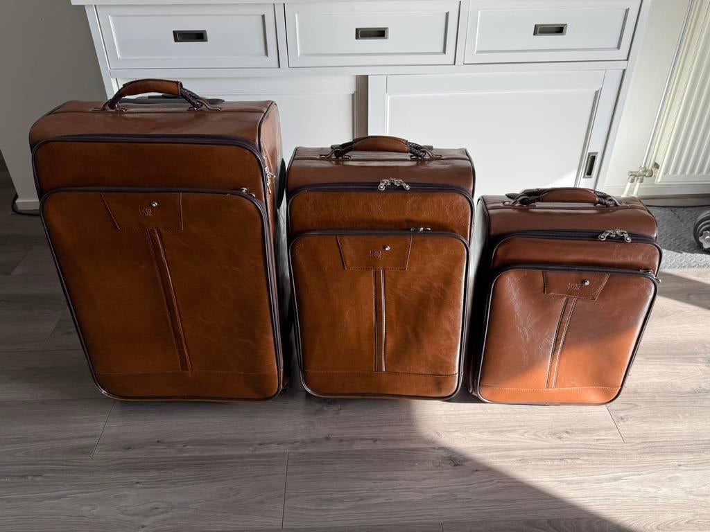3x Montblanc leren koffers luxe vintage set bruin klassiek, Ophalen, Zo goed als nieuw, Leer, 70 cm of meer