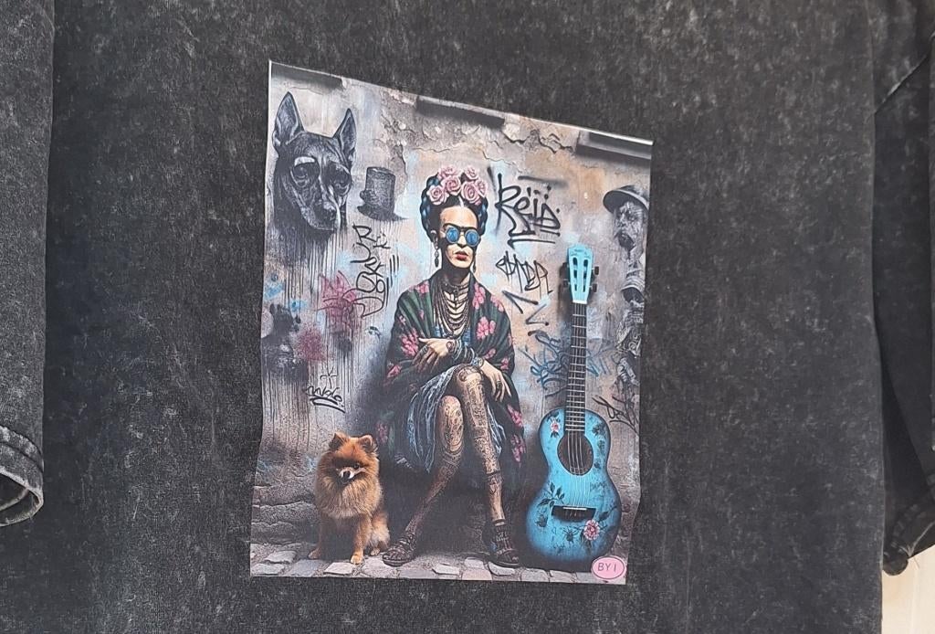Street art FRIDA Kahlo dames t-shirt zwart gewassen katoen, Zwart, Maat 42/44 (L), Nieuw, Ophalen of Verzenden