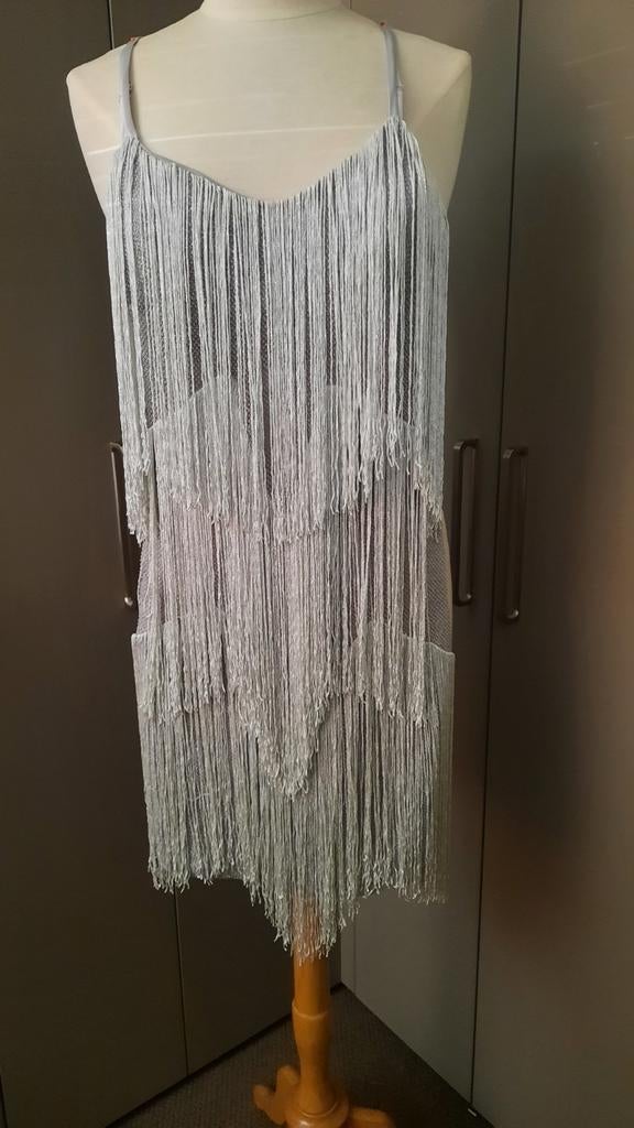 Jaren 20 Gatsby stijl zilverkleurig jurkje met franjes maat, Ophalen of Verzenden, Zo goed als nieuw, Boven de knie
