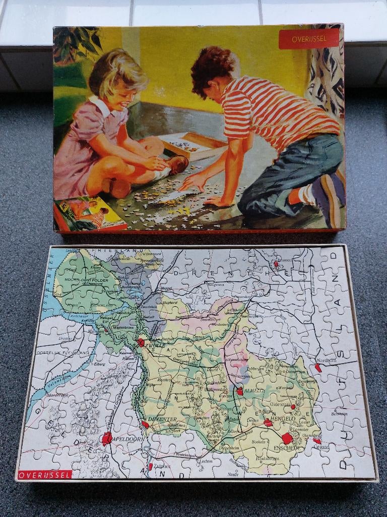 Vintage Provinciepuzzel, rond 1950, Overijssel', Ophalen of Verzenden, Meer dan 50 stukjes, Zo goed als nieuw