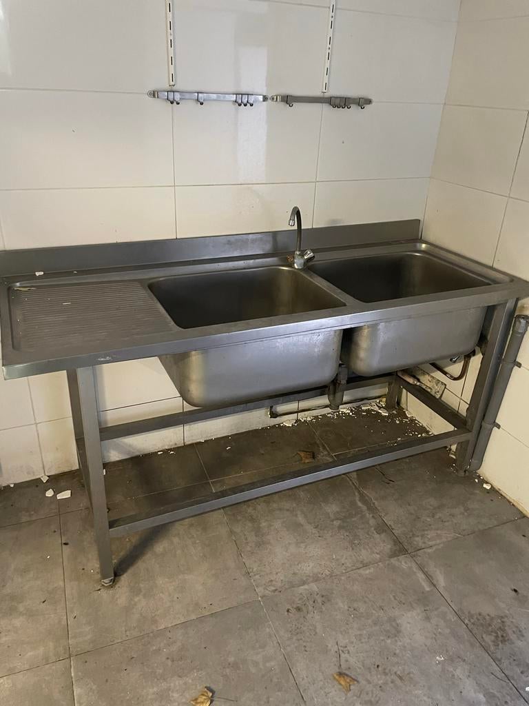 RVS wastafel met dubbele spoelbak en afdruiprek 70x180cm, Ophalen of Verzenden, Gebruikt