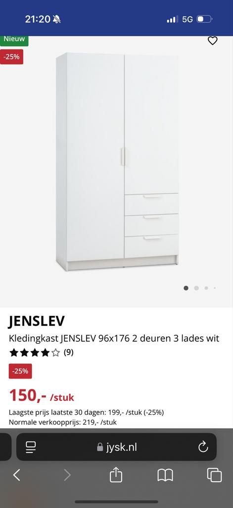 Witte JENSLEV kledingkast met 2 deuren en 3 lades, Ophalen, Gebruikt, Kast, 105 cm of meer