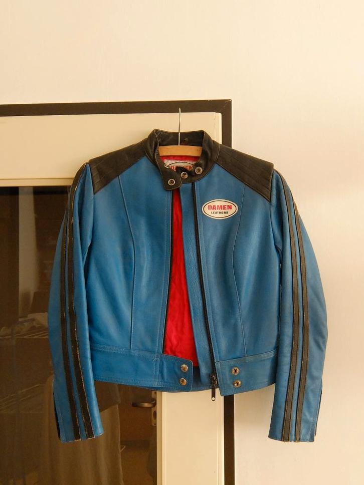 Dames motorjas retro vintage leer, Kleding | Dames, Jassen | Zomer, Zo goed als nieuw, Maat 36 (S), Blauw, Ophalen