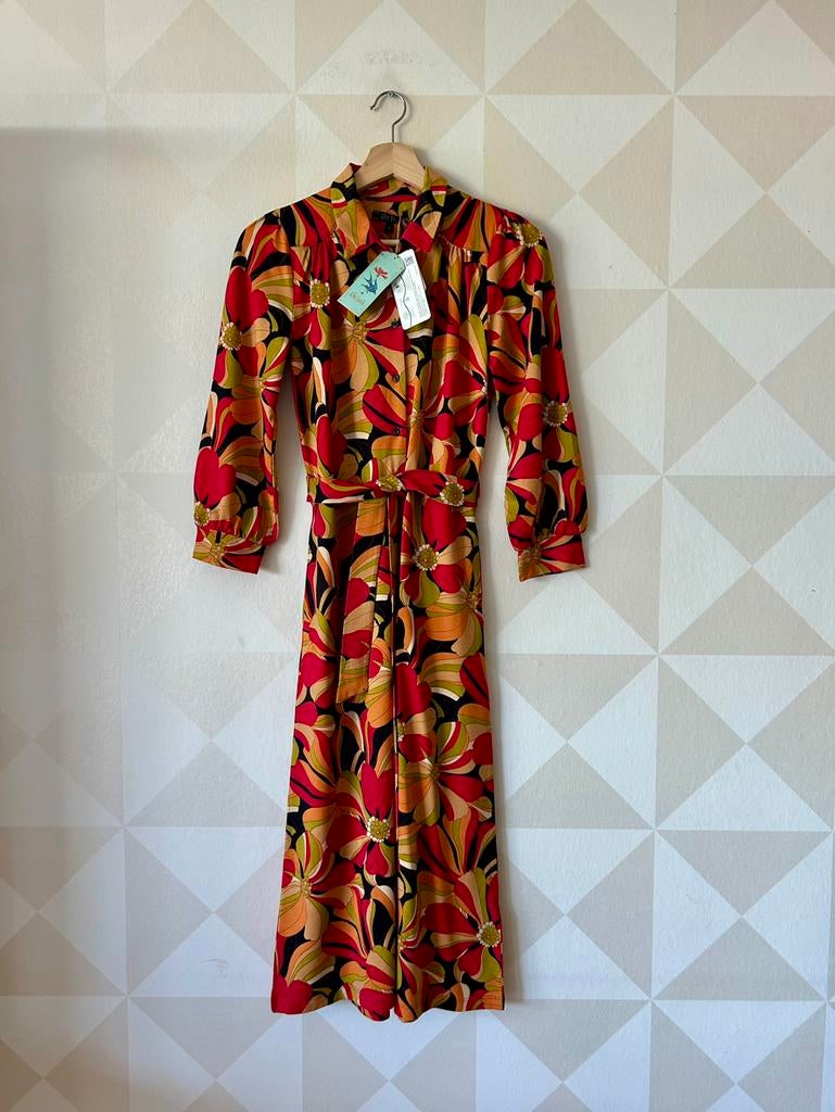 King Louie Carina Dress jurk rood oranje bloem S/36 NIEUW, Kleding | Dames, Jurken, Nieuw, Ophalen of Verzenden, Maat 36 (S), Rood