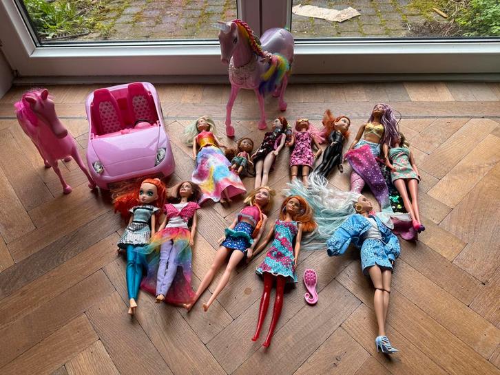 Barbie poppen met auto, unicorn en pony, Kinderen en Baby's, Speelgoed | Poppen, Gebruikt, Barbie, Ophalen of Verzenden