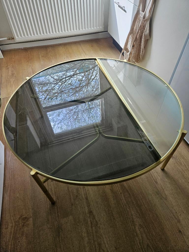 Glazen ronde design salontafel van messing, Ophalen, 100 tot 150 cm, Rond, 50 tot 100 cm