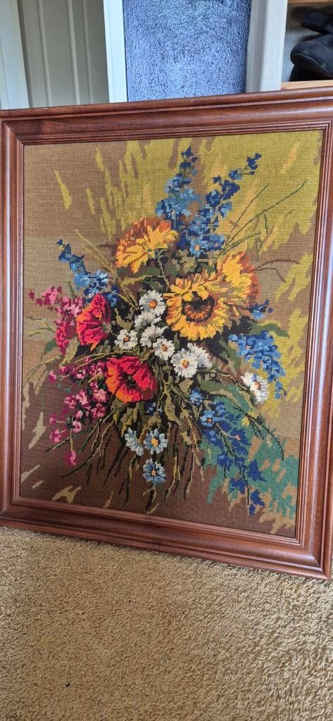 Vintage geborduurd bloemen schilderij 80x45cm jaren '70, Antiek en Kunst, Kunst | Schilderijen | Klassiek, Ophalen