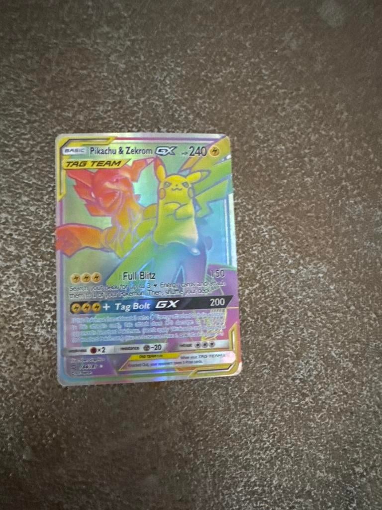 Pikachu & Zekrom GX Pokémon kaart - Beschadigd, Ophalen of Verzenden, Gebruikt, Losse kaart, Foil