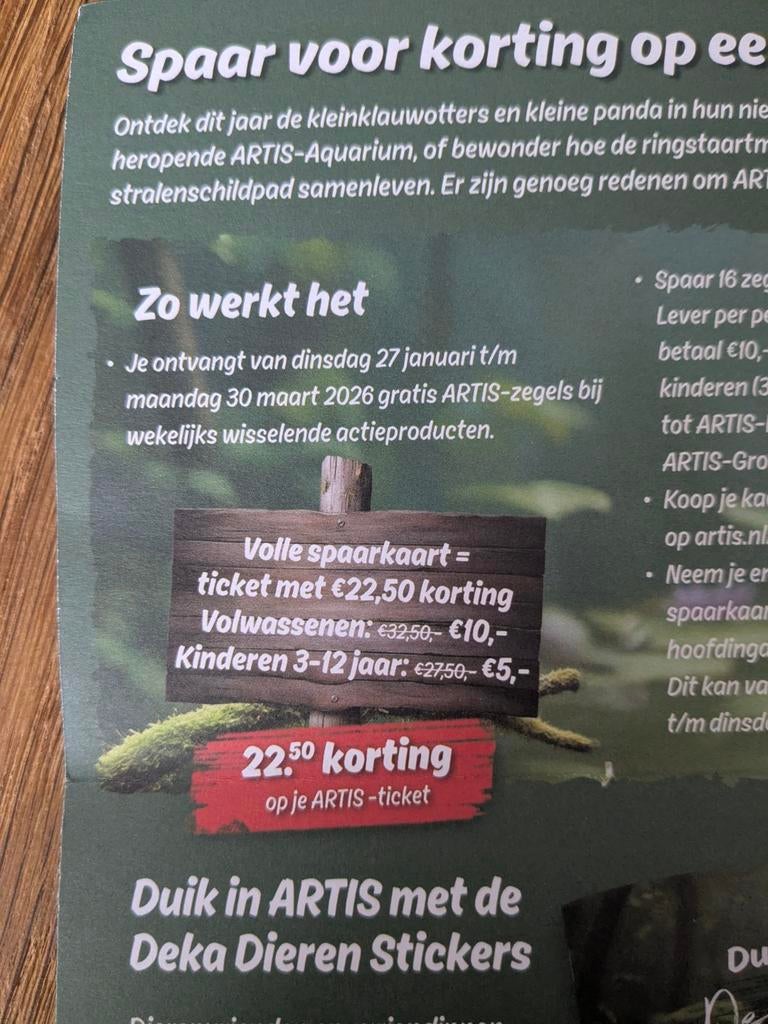 2 Deka dierentuin tickets Artis samen 20 euro, Tickets en Kaartjes, Twee personen, Ticket of Toegangskaart