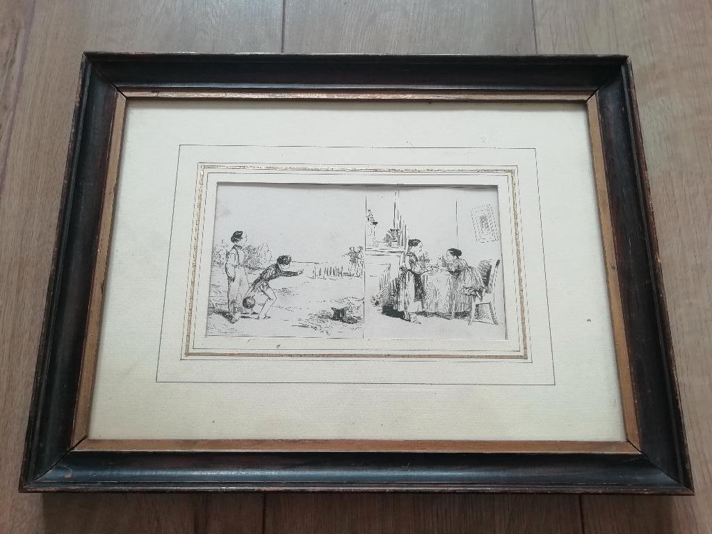 Antieke ets/gravure in lijstje achter dun glas, Antiek en Kunst, Kunst | Etsen en Gravures, Ophalen