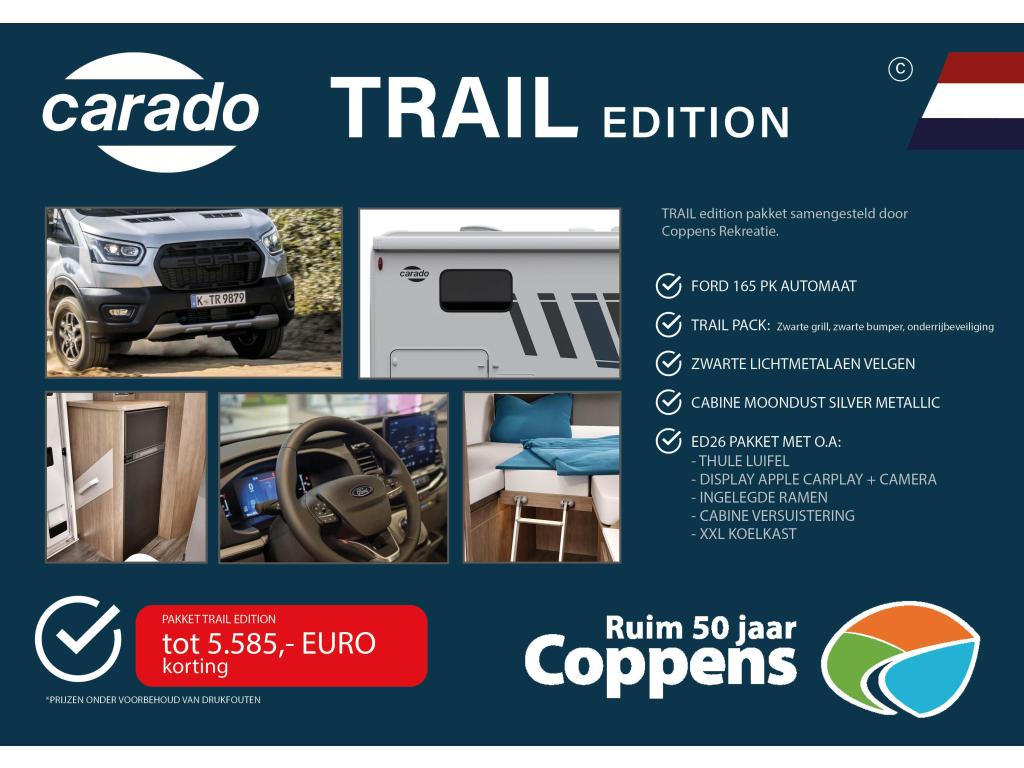 Carado T447 TRAIL 5Jaar garantie 165PK Automaat 5585 KORTING, Caravans en Kamperen, Campers, Chemisch toilet, Standaard zit, Ringverwarming
