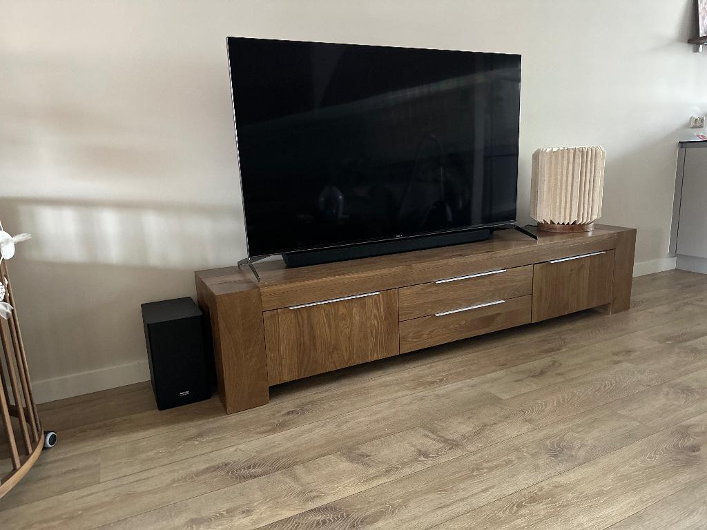 Goossens Quint tv-meubel – massief eiken – donker hout, Ophalen, Gebruikt, Eikenhout, 200 cm of meer